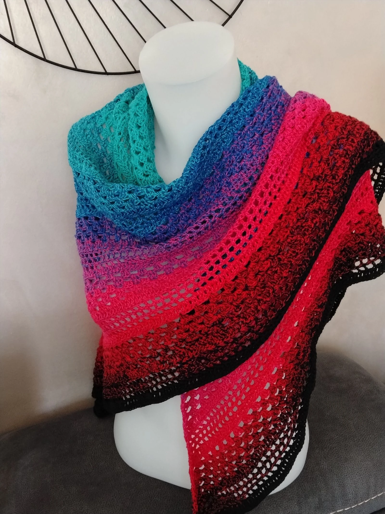 Large Handmade Crochet Shawl - Beautiful Turquoise, Purple, Red & Black Gradient – photo 6